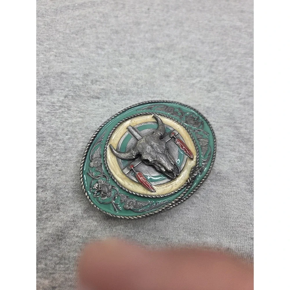 Rare 1981 Siskiyou Buffalo Skull Feathers Green Enamel Native Belt Buckle USA